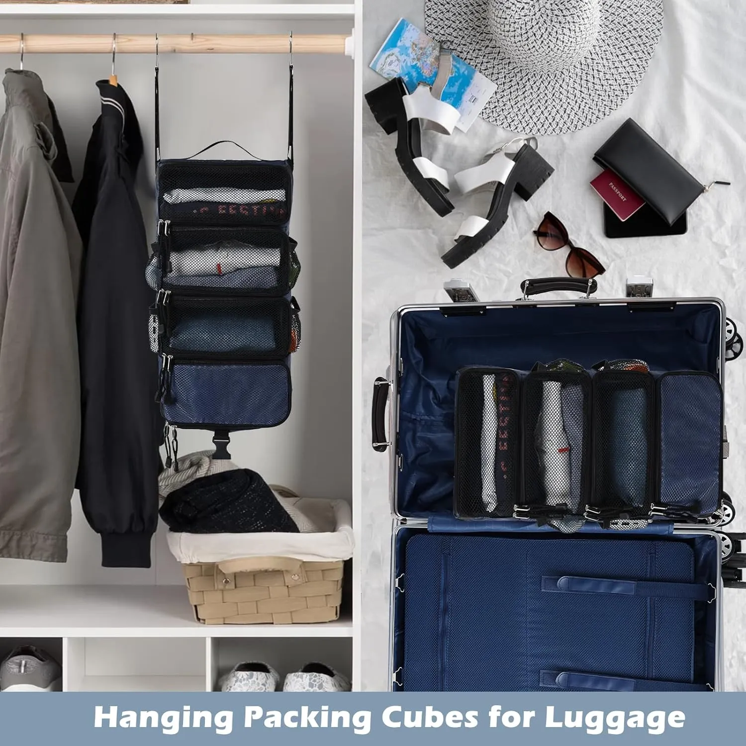 Surblue Hanging Travel Organizer Portable Hanging Luggage Organizer Multiple Compartments Collapsible Compression Closet Packing Cubes,Navy,S