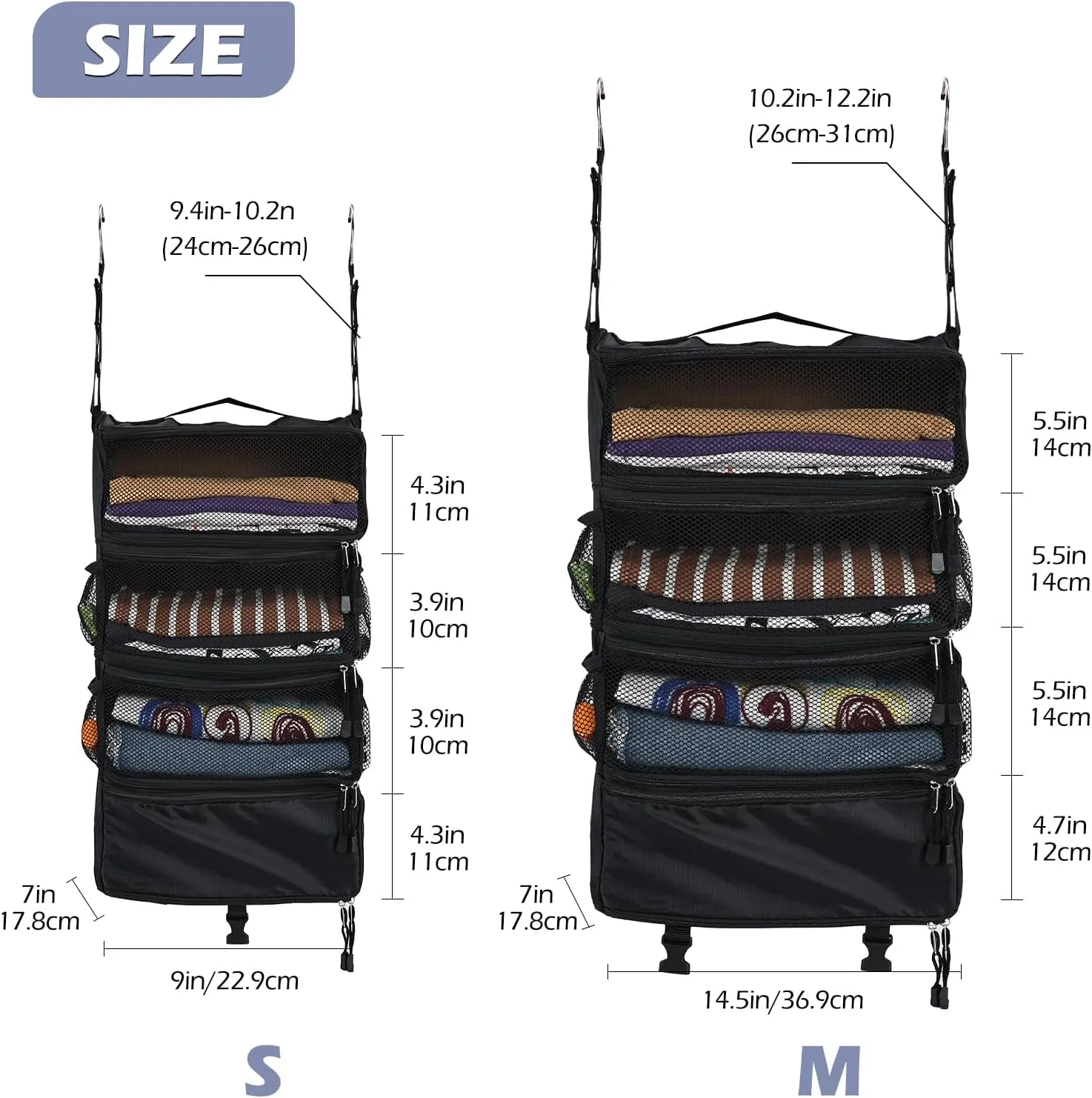 Surblue Travel Hanging Luggage Organizer Portable Suitcase Closet Organizer Multiple Compartments Collapsible Compression Packing Cubes Shelf, Black, M