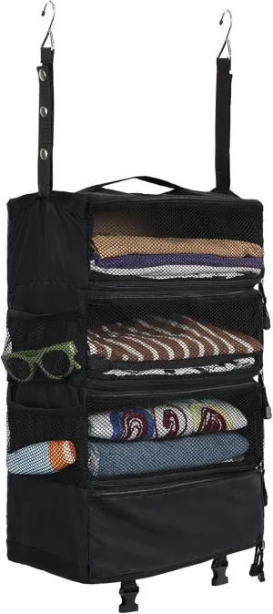 Surblue Travel Hanging Luggage Organizer Portable Suitcase Closet Organizer Multiple Compartments Collapsible Compression Packing Cubes Shelf, Black, M