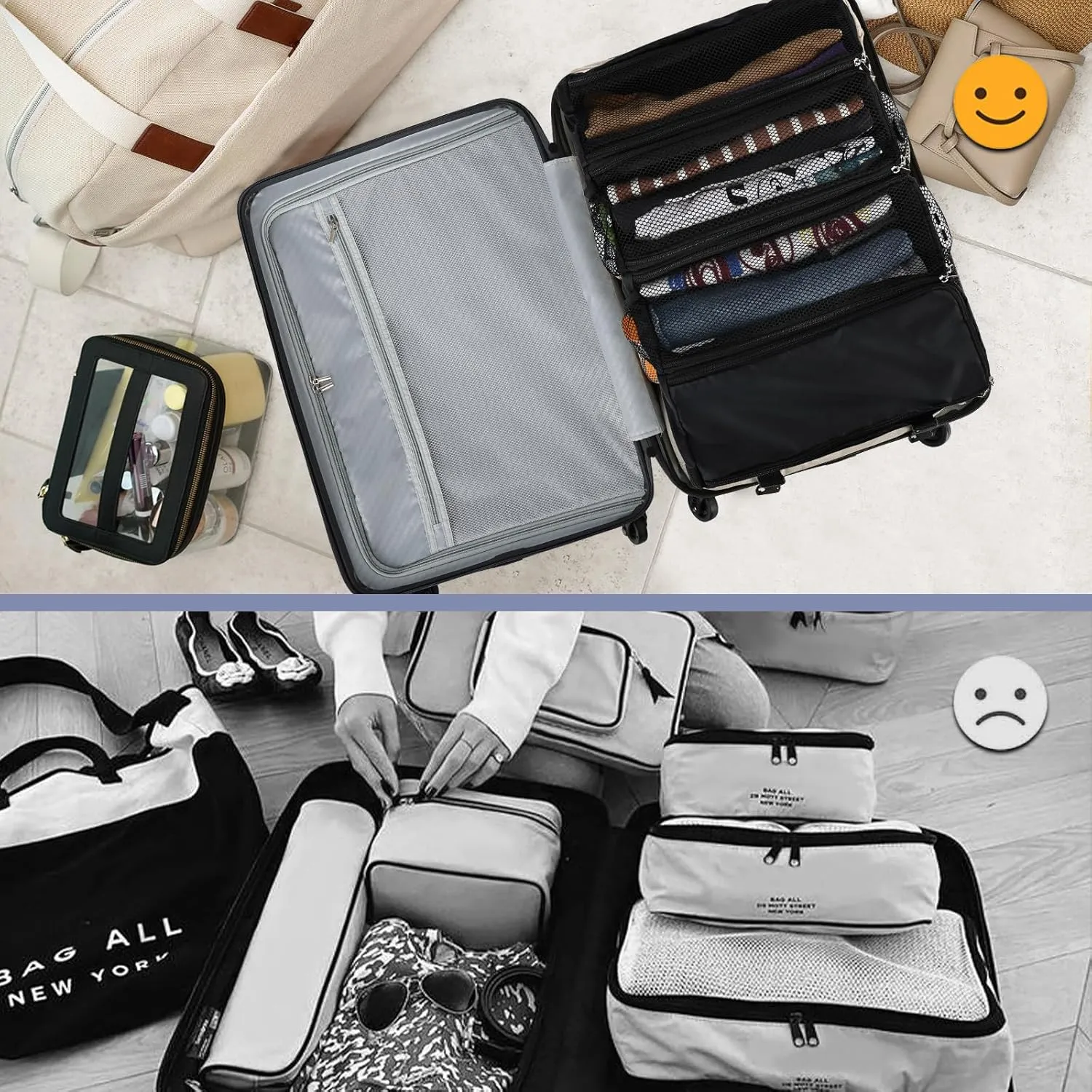 Surblue Travel Hanging Luggage Organizer Portable Suitcase Closet Organizer Multiple Compartments Collapsible Compression Packing Cubes Shelf, Black, M
