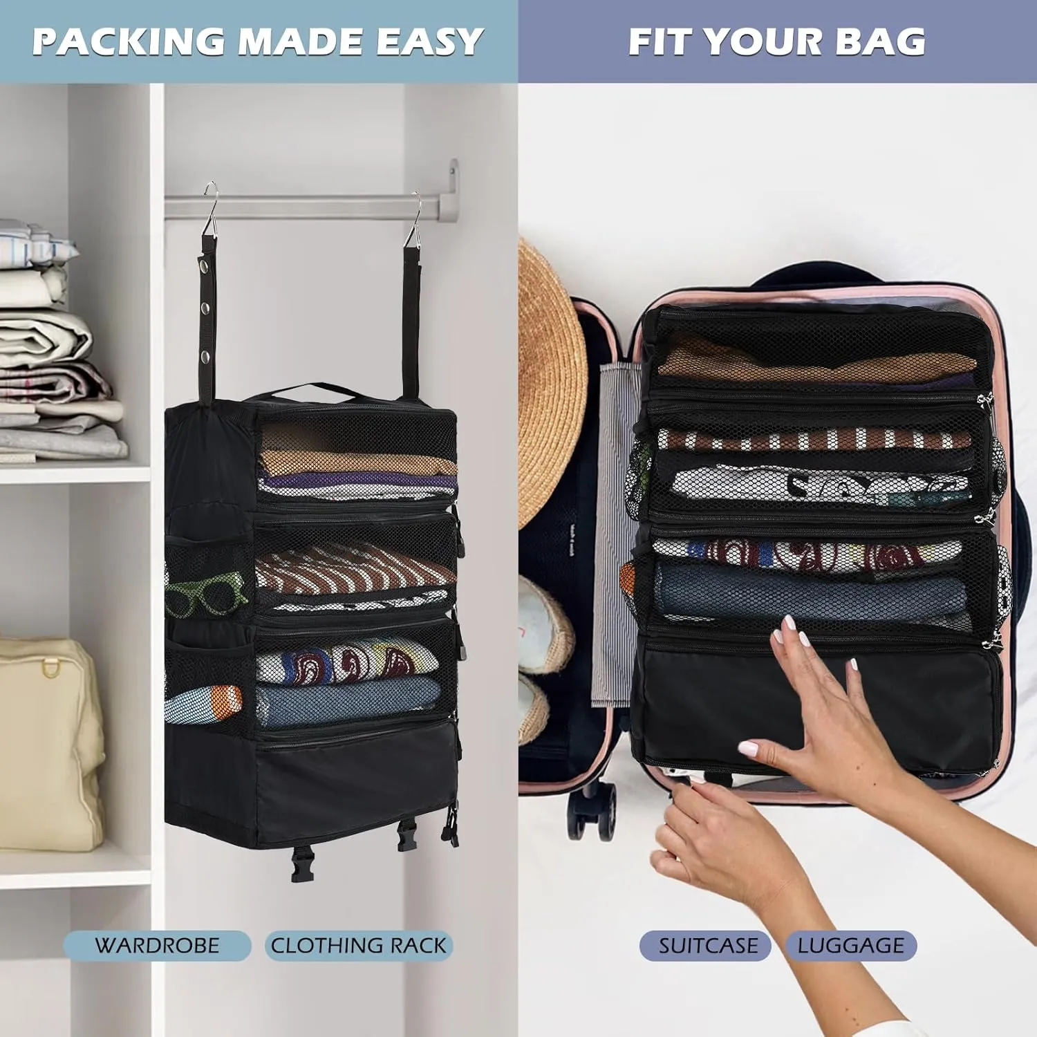 Surblue Travel Hanging Luggage Organizer Portable Suitcase Closet Organizer Multiple Compartments Collapsible Compression Packing Cubes Shelf, Black, M