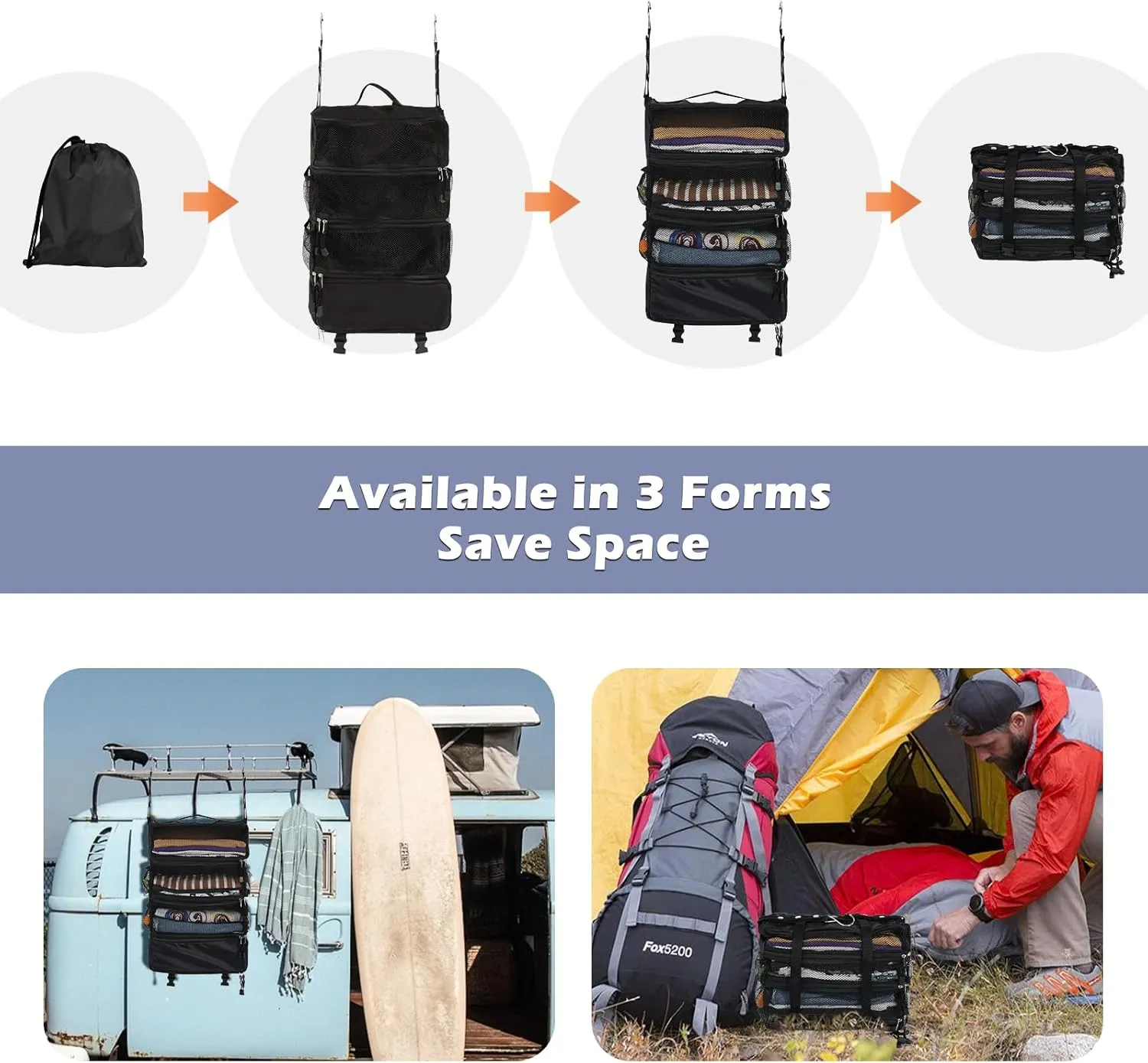 Surblue Travel Hanging Luggage Organizer Portable Suitcase Closet Organizer Multiple Compartments Collapsible Compression Packing Cubes Shelf, Black, M
