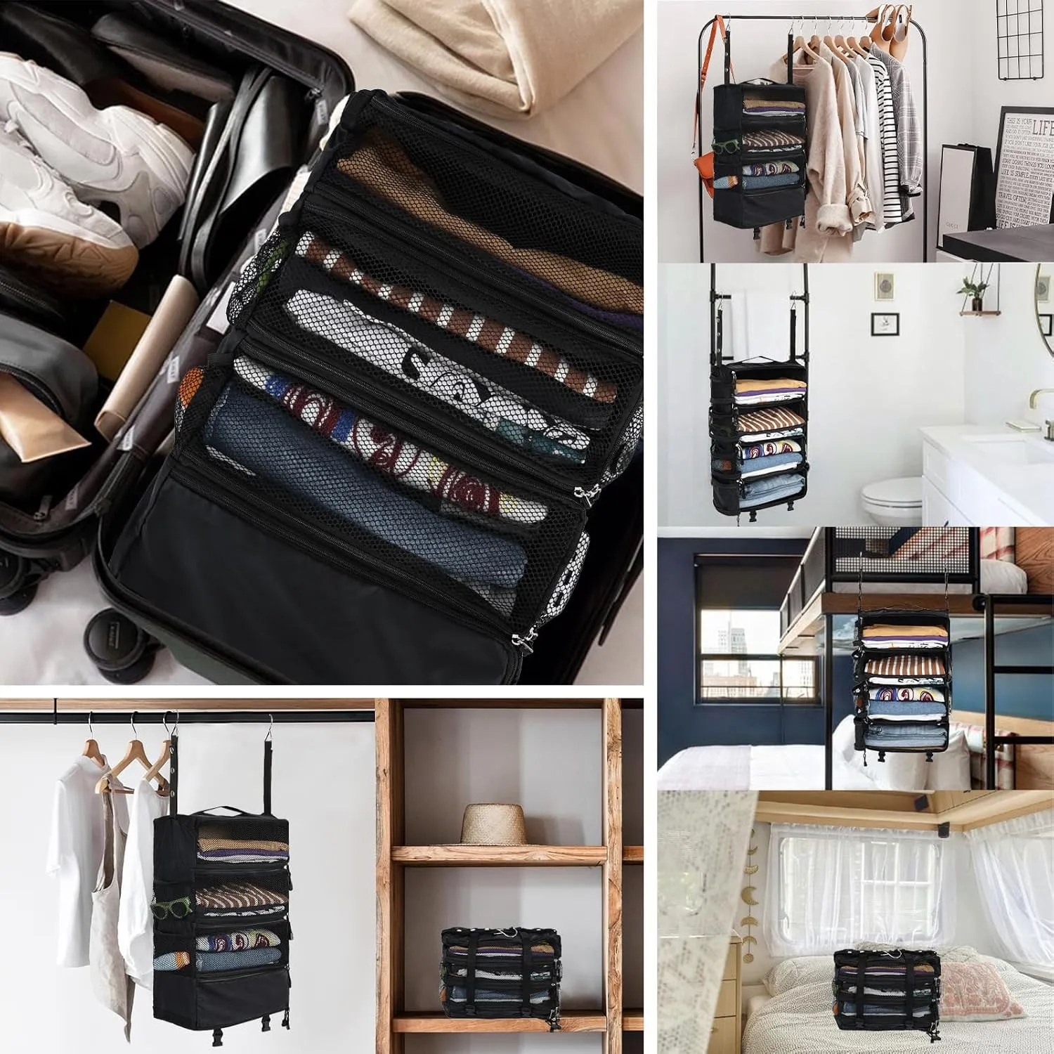 Surblue Travel Hanging Luggage Organizer Portable Suitcase Closet Organizer Multiple Compartments Collapsible Compression Packing Cubes Shelf, Black, M