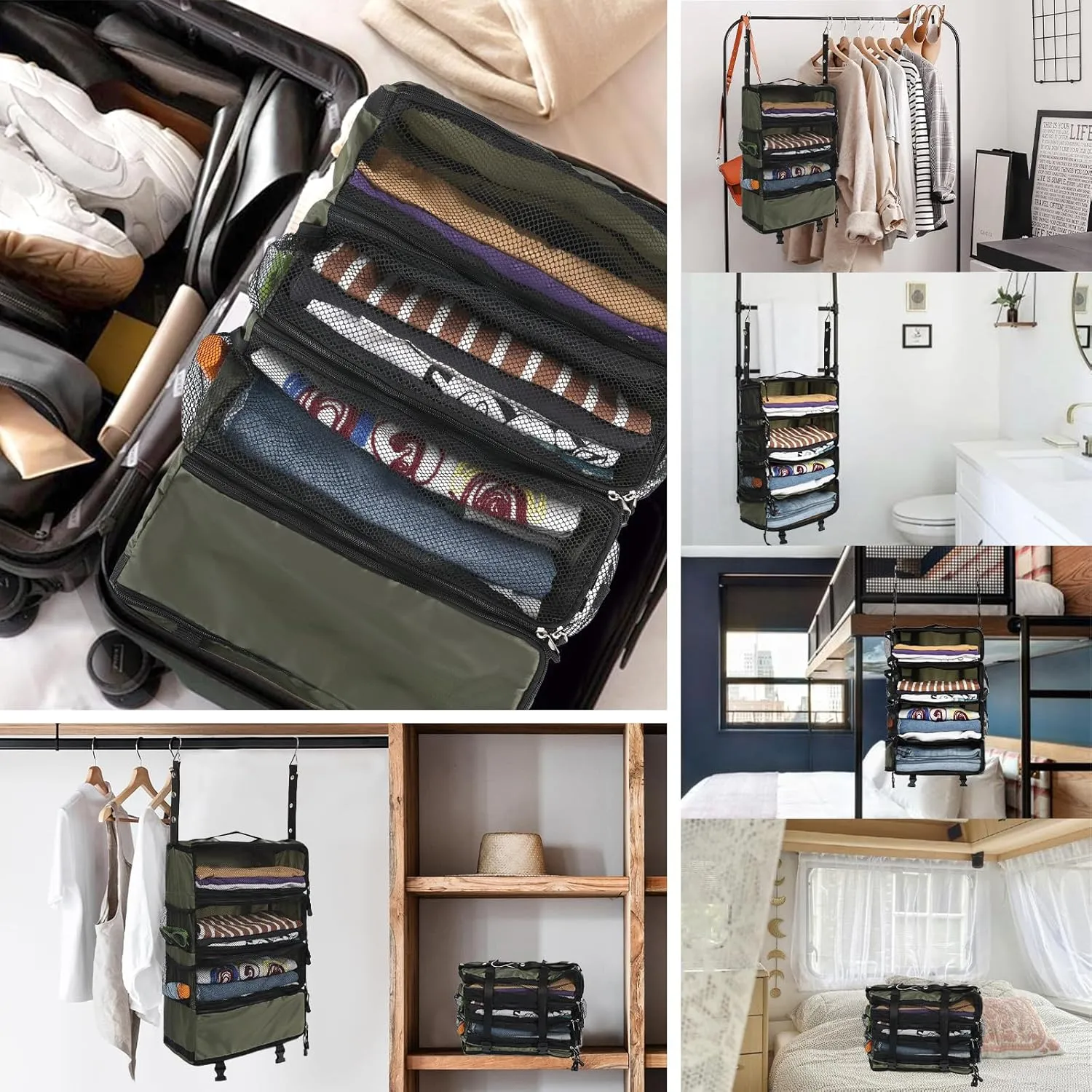 Surblue Travel Hanging Luggage Organizer Portable Suitcase Closet Organizer Multiple Compartments Collapsible Compression Packing Cubes Shelf, Green, M