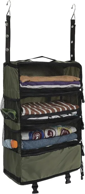Surblue Travel Hanging Luggage Organizer Portable Suitcase Closet Organizer Multiple Compartments Collapsible Compression Packing Cubes Shelf, Green, M