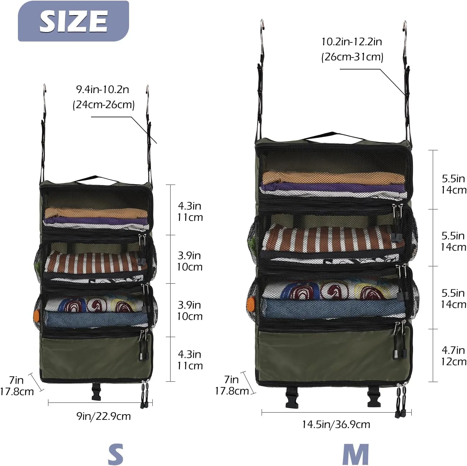 Surblue Travel Hanging Luggage Organizer Portable Suitcase Closet Organizer Multiple Compartments Collapsible Compression Packing Cubes Shelf, Green, M