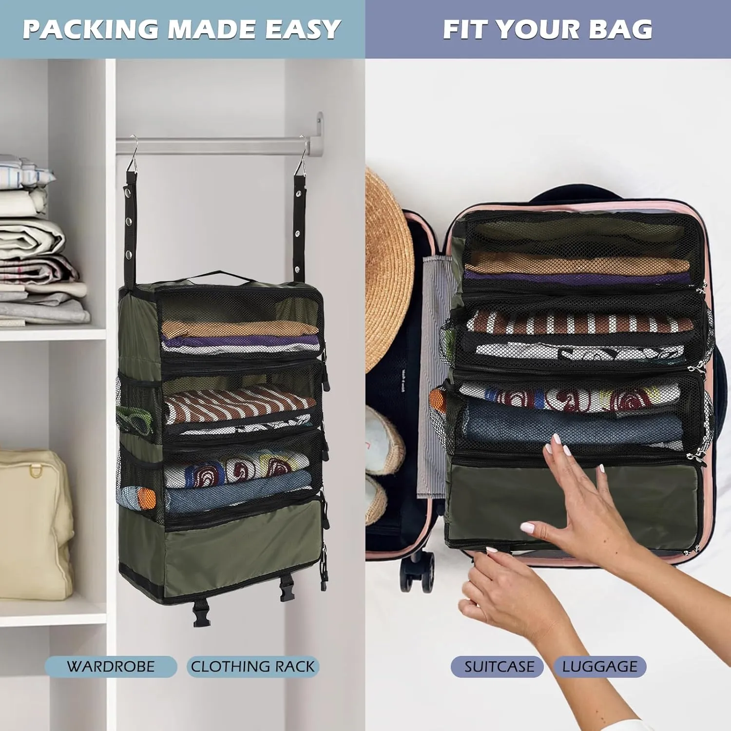 Surblue Travel Hanging Luggage Organizer Portable Suitcase Closet Organizer Multiple Compartments Collapsible Compression Packing Cubes Shelf, Green, M