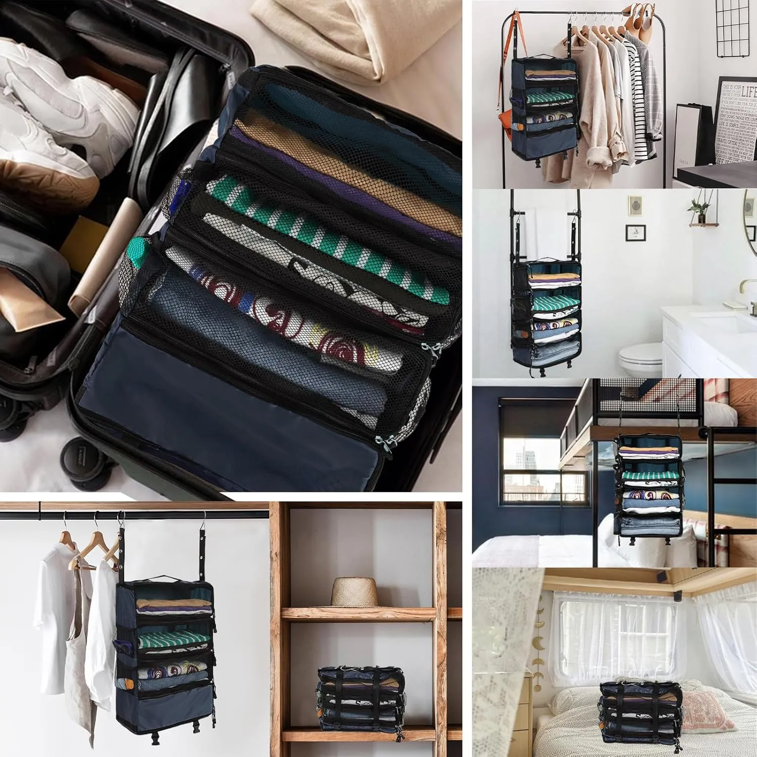 Surblue Travel Hanging Luggage Organizer Portable Suitcase Closet Organizer Multiple Compartments Collapsible Compression Packing Cubes Shelf, Navy, M