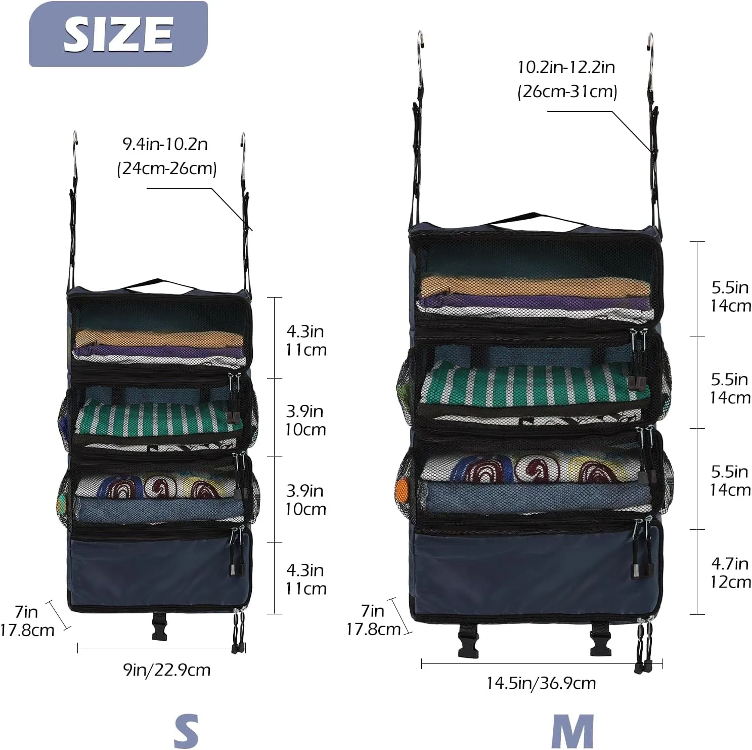 Surblue Travel Hanging Luggage Organizer Portable Suitcase Closet Organizer Multiple Compartments Collapsible Compression Packing Cubes Shelf, Navy, M