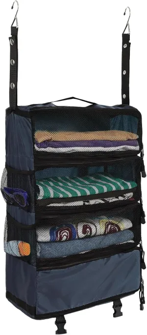Surblue Travel Hanging Luggage Organizer Portable Suitcase Closet Organizer Multiple Compartments Collapsible Compression Packing Cubes Shelf, Navy, M