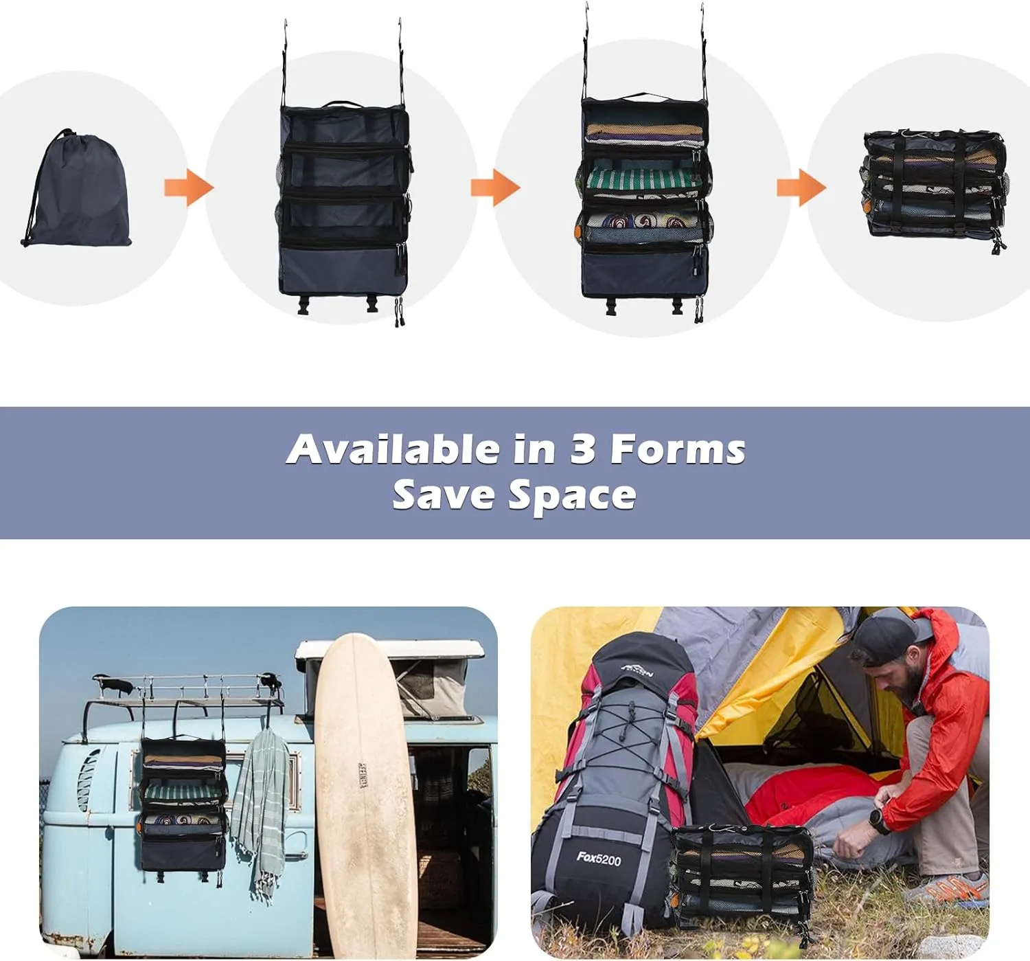 Surblue Travel Hanging Luggage Organizer Portable Suitcase Closet Organizer Multiple Compartments Collapsible Compression Packing Cubes Shelf, Navy, M