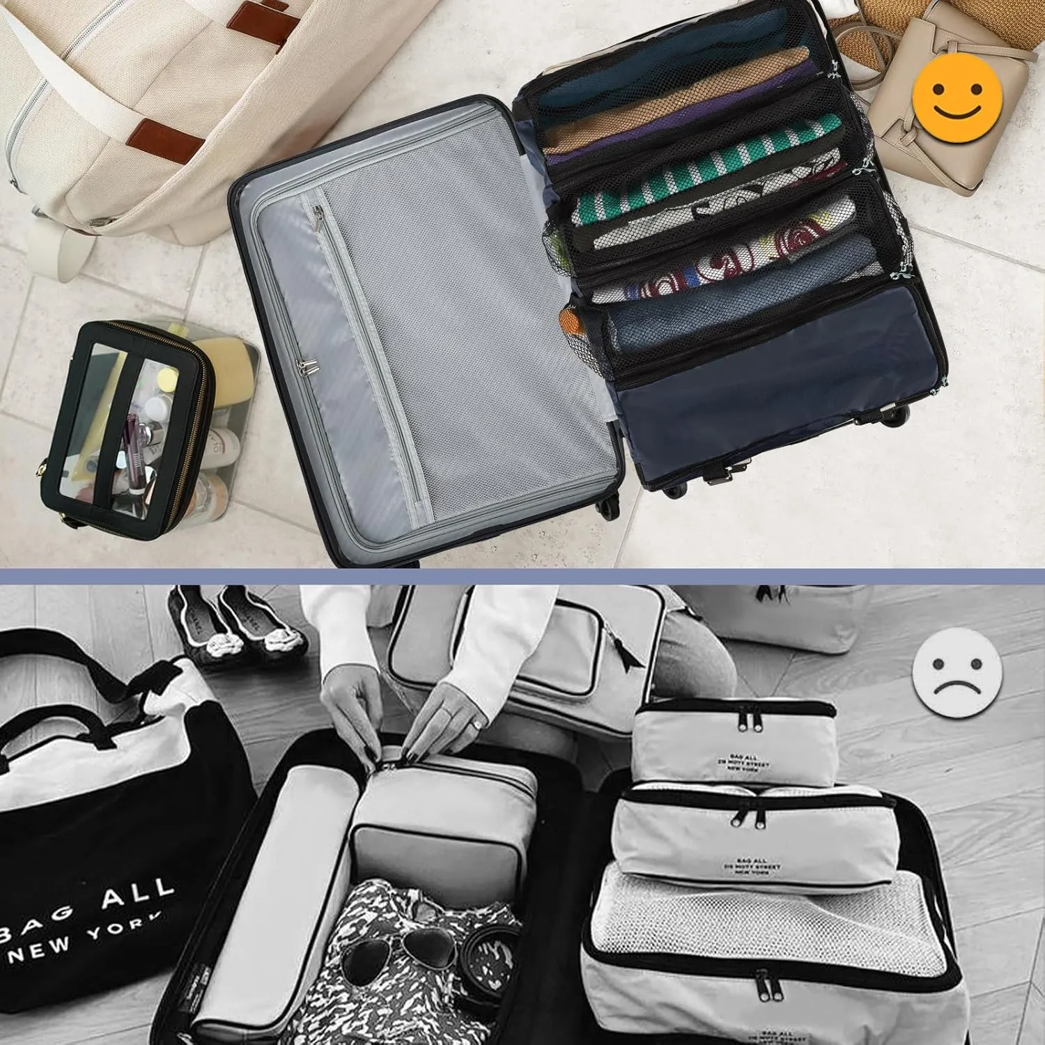 Surblue Travel Hanging Luggage Organizer Portable Suitcase Closet Organizer Multiple Compartments Collapsible Compression Packing Cubes Shelf, Navy, M