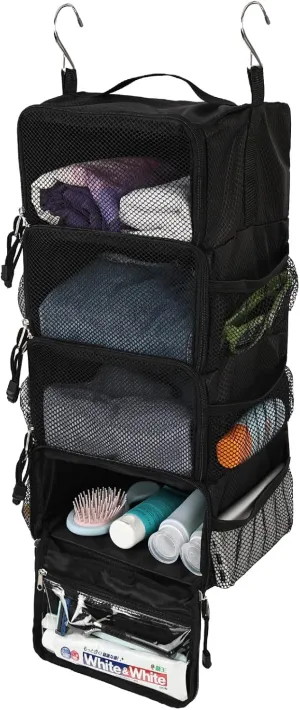 Surblue Travel Hanging Packing Cubes with 2 Hooks Hanging Shelves for Luggage Organizers, Portable Compression 4 Shelf Closet Organizers, Small, Black