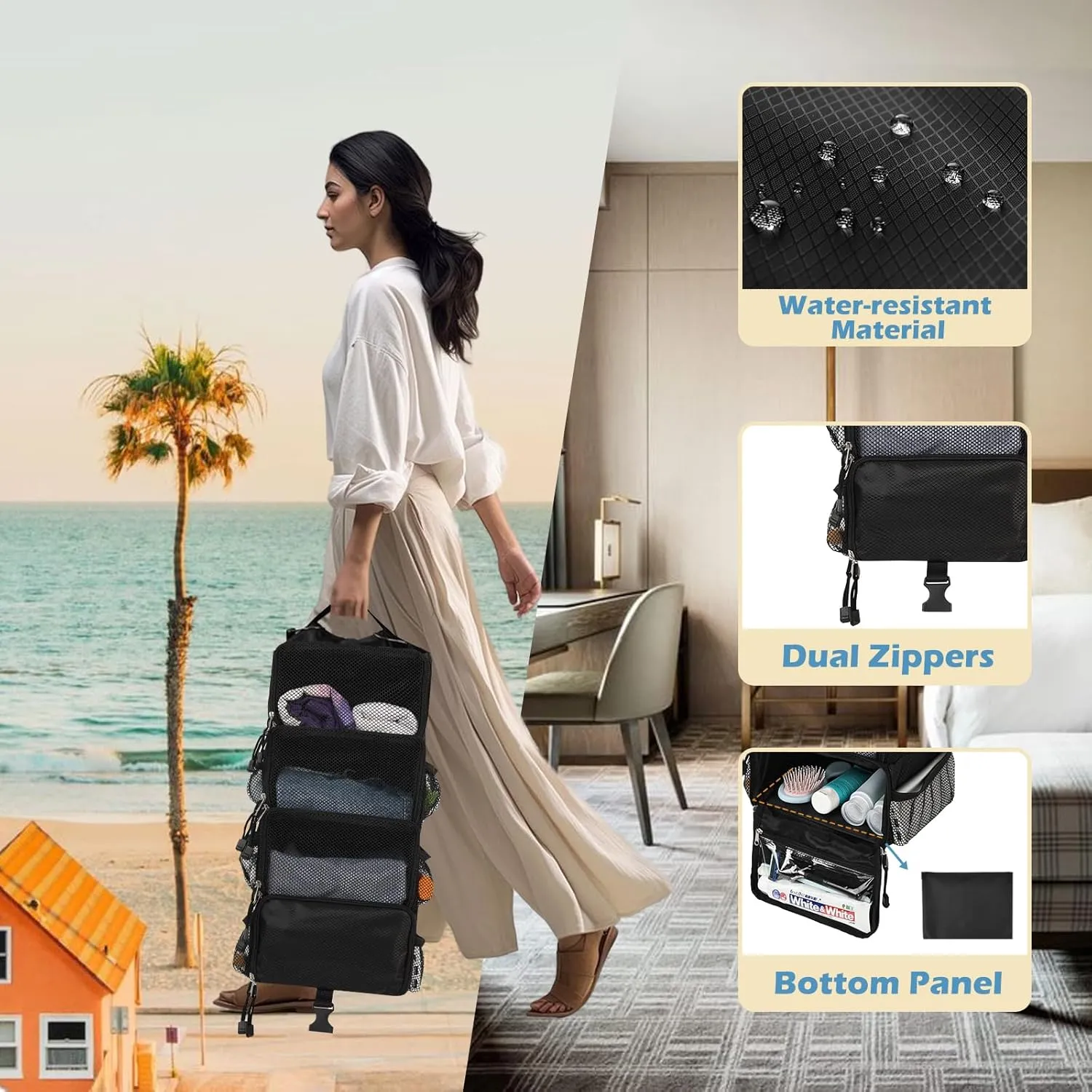 Surblue Travel Hanging Packing Cubes with 2 Hooks Hanging Shelves for Luggage Organizers, Portable Compression 4 Shelf Closet Organizers, Small, Black