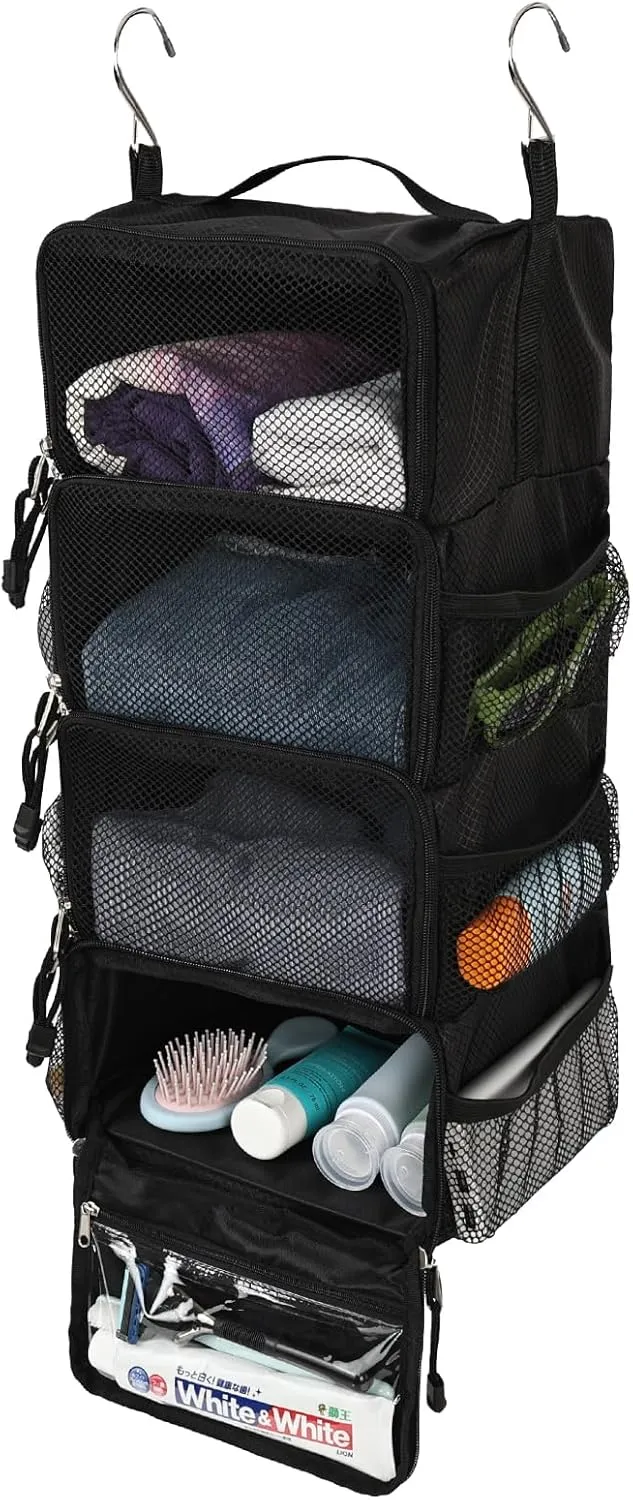 Surblue Travel Hanging Packing Cubes with 2 Hooks Hanging Shelves for Luggage Organizers, Portable Compression 4 Shelf Closet Organizers, Small, Black