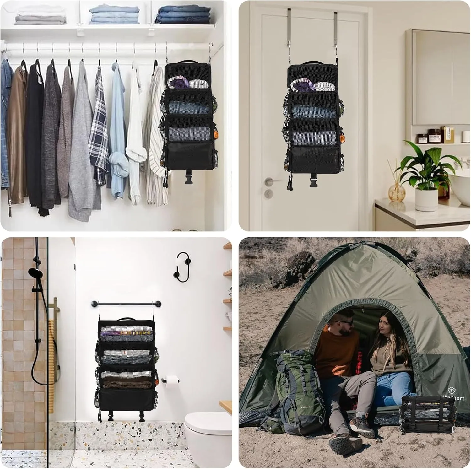 Surblue Travel Hanging Packing Cubes with 2 Hooks Hanging Shelves for Luggage Organizers, Portable Compression 4 Shelf Closet Organizers, Small, Black
