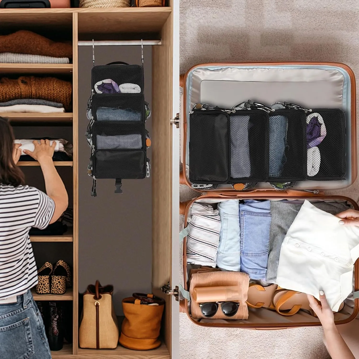 Surblue Travel Hanging Packing Cubes with 2 Hooks Hanging Shelves for Luggage Organizers, Portable Compression 4 Shelf Closet Organizers, Small, Black