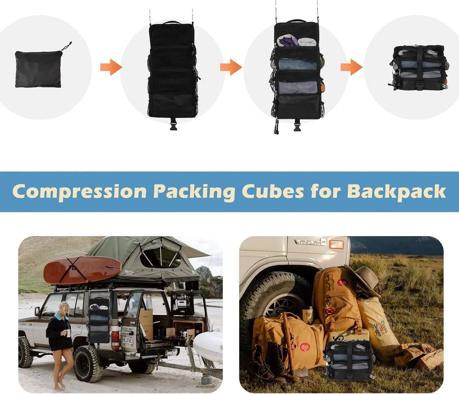 Surblue Travel Hanging Packing Cubes with 2 Hooks Hanging Shelves for Luggage Organizers, Portable Compression 4 Shelf Closet Organizers, Small, Black