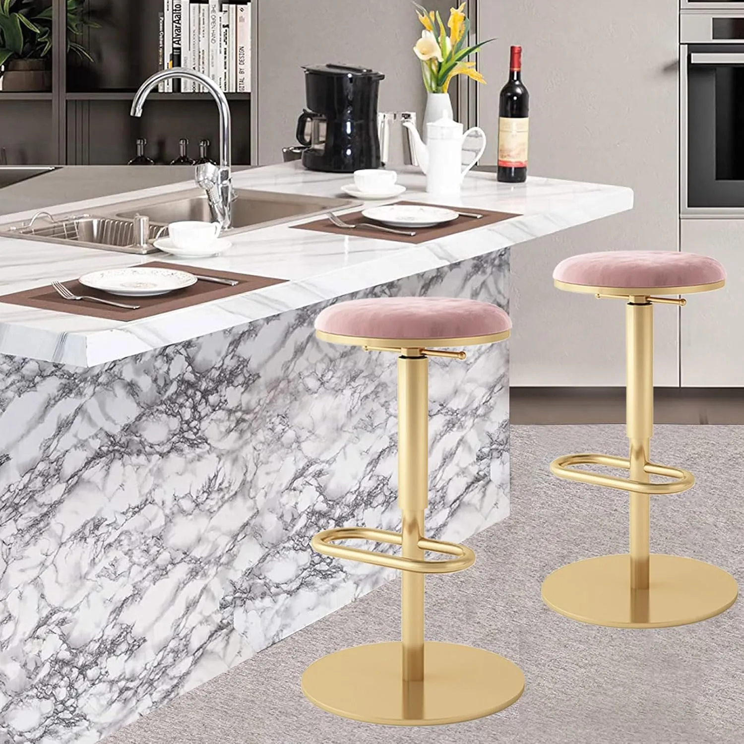 Swivel Bar Stools with Backrest Set of 2 Counter Height Bar Stool VelvetHeight Adjustable with Metal Base