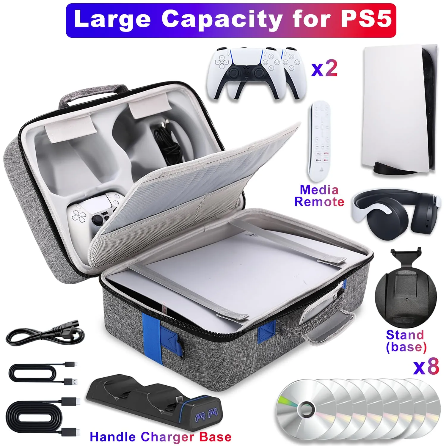 SWOJG Hard Shell Carrying Case Compatible with PS5, PS5 Pro, Travel Protective Bag Suitable for Playstation 5 Digital Edition, Console, Controllers, Headset and Gaming Accessories, Grey