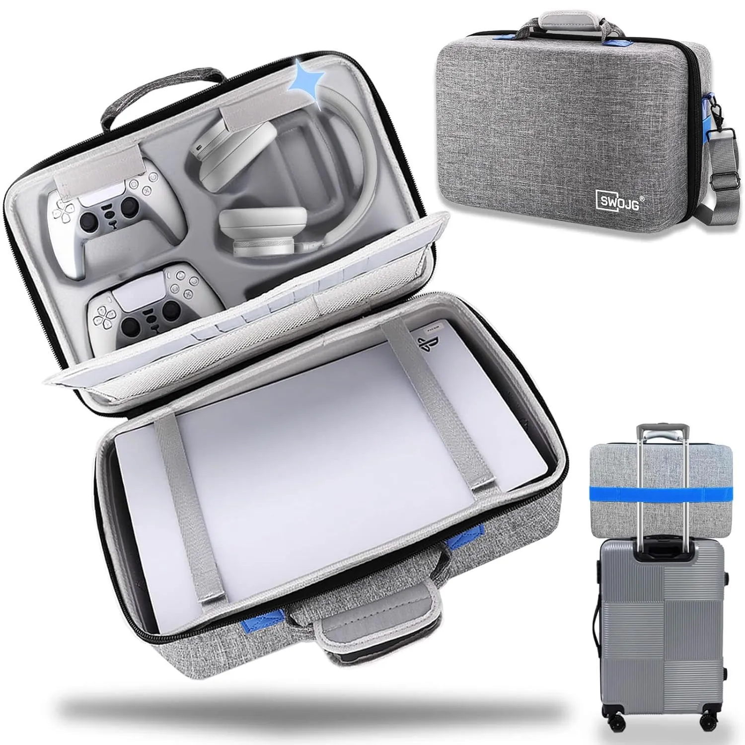SWOJG Hard Shell Carrying Case Compatible with PS5, PS5 Pro, Travel Protective Bag Suitable for Playstation 5 Digital Edition, Console, Controllers, Headset and Gaming Accessories, Grey