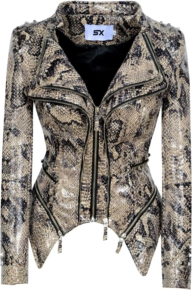 SX Women's Fashion Studded Perfectly Shaping Faux Leather Biker Jacket