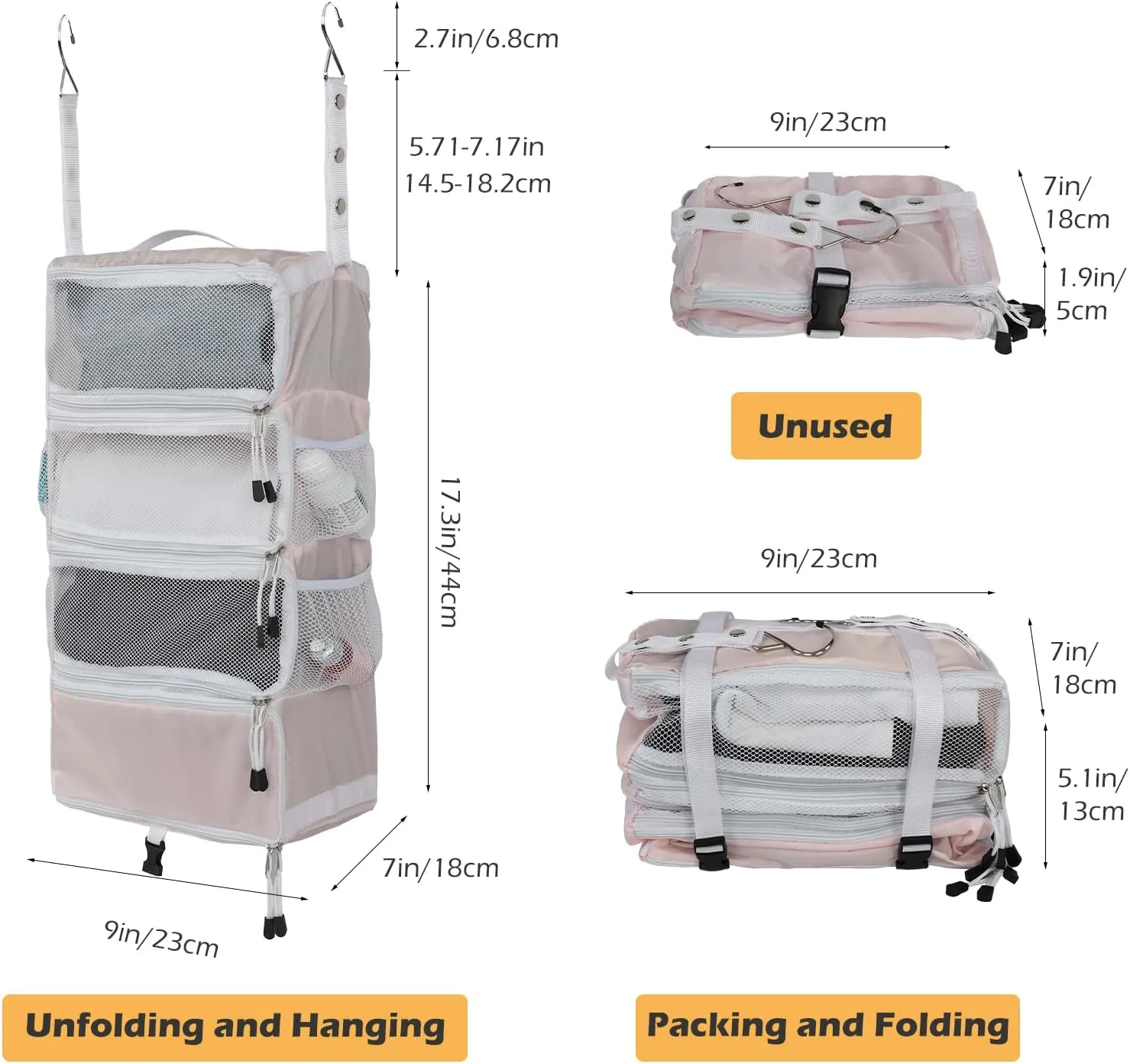TABITORA Travel Luggage Organizer Hanging Packing Cubes Portable Hanging Shelves Carry on Closet for Suitcase with 2 Hooks,Collapsible(Pink,S)