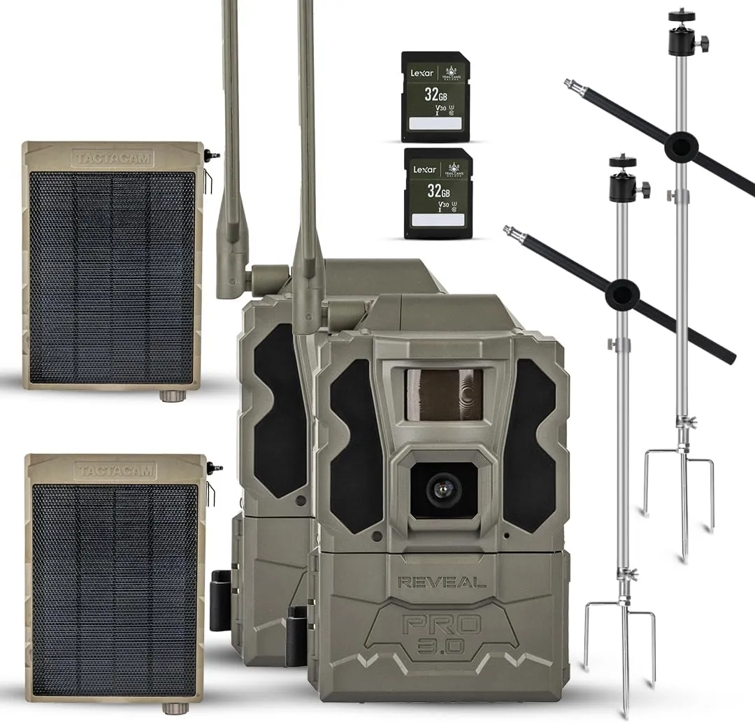 TACTACAM Reveal Pro 3.0 LTE Cellular Trail Camera AT&T & Verizon, 4K Photo Quality, No Glow, for Hunting, Surveillance Includes Solar Panel, 32GB SD, & Tripod Mount (2PK)