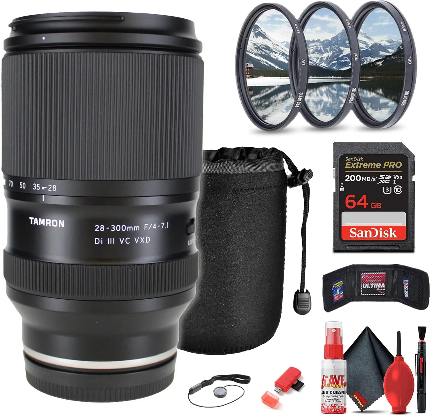 Tamron 28-300mm f/4-7.1 Di III VC VXD Lens for Sony E (A074) Bundle Including: 64 GB Memory Card, Card Reader, Card Wallet, Filter Kit, Lens Pouch, Cleaning Kit, Lens Cap Keeper