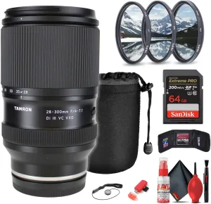 Tamron 28-300mm f/4-7.1 Di III VC VXD Lens for Sony E (A074) Bundle Including: 64 GB Memory Card, Card Reader, Card Wallet, Filter Kit, Lens Pouch, Cleaning Kit, Lens Cap Keeper