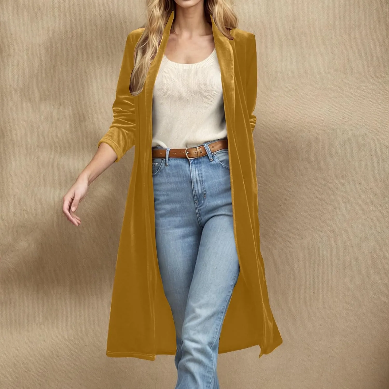 TANGNADE Velvet Cardigan Jackets for Women Long Lapel Collar Open Front Elegant Velour Blazer Cardigan Trench Coat