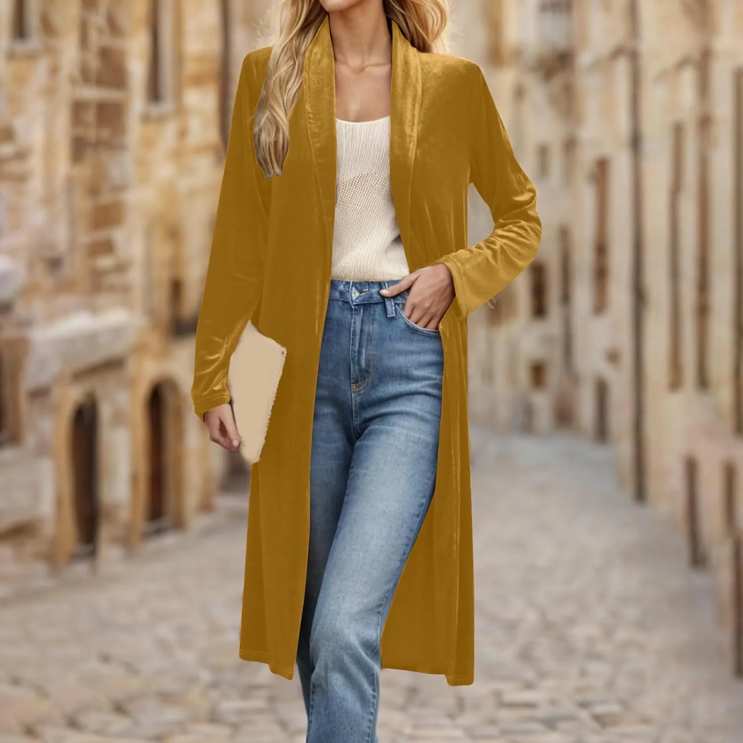 TANGNADE Velvet Cardigan Jackets for Women Long Lapel Collar Open Front Elegant Velour Blazer Cardigan Trench Coat