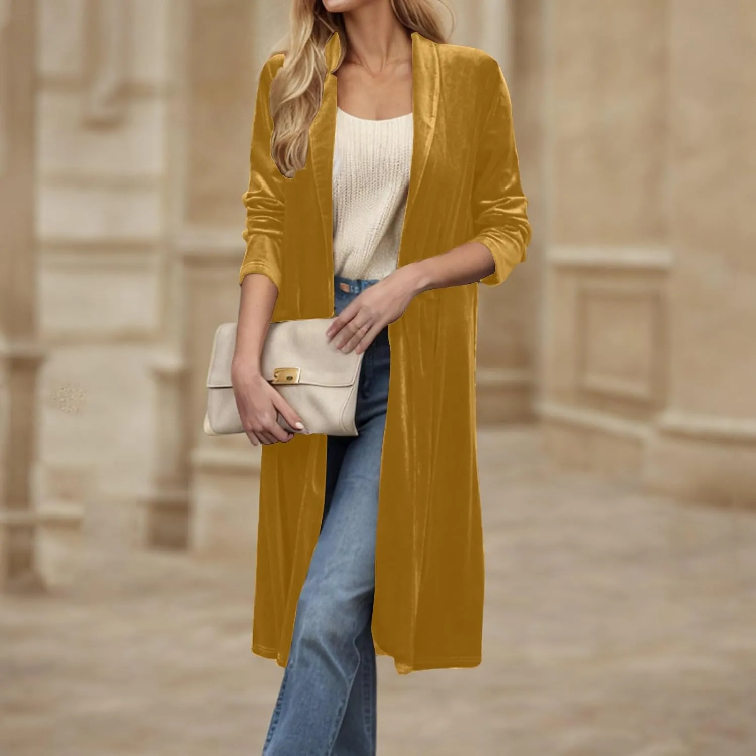 TANGNADE Velvet Cardigan Jackets for Women Long Lapel Collar Open Front Elegant Velour Blazer Cardigan Trench Coat
