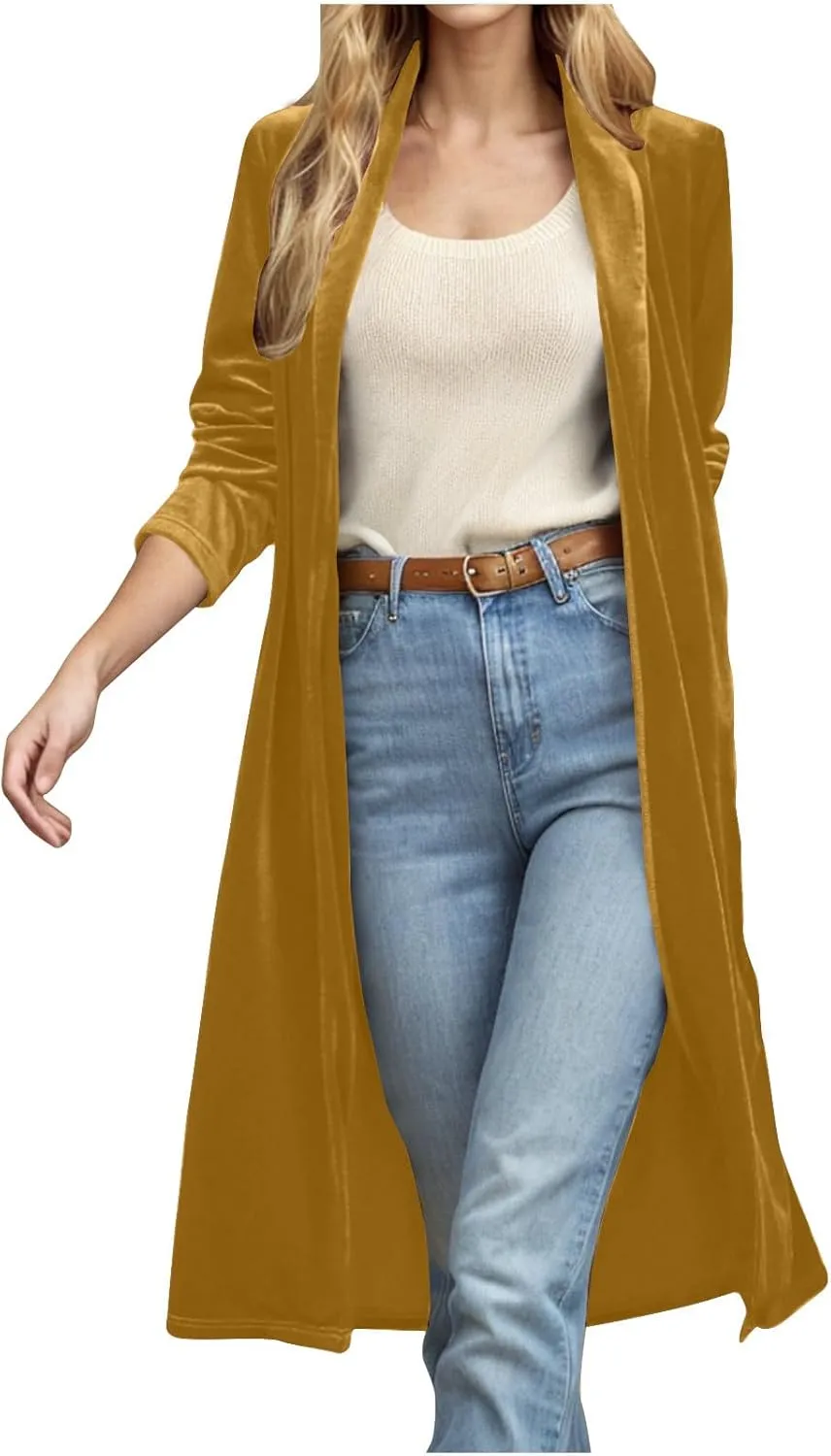 TANGNADE Velvet Cardigan Jackets for Women Long Lapel Collar Open Front Elegant Velour Blazer Cardigan Trench Coat