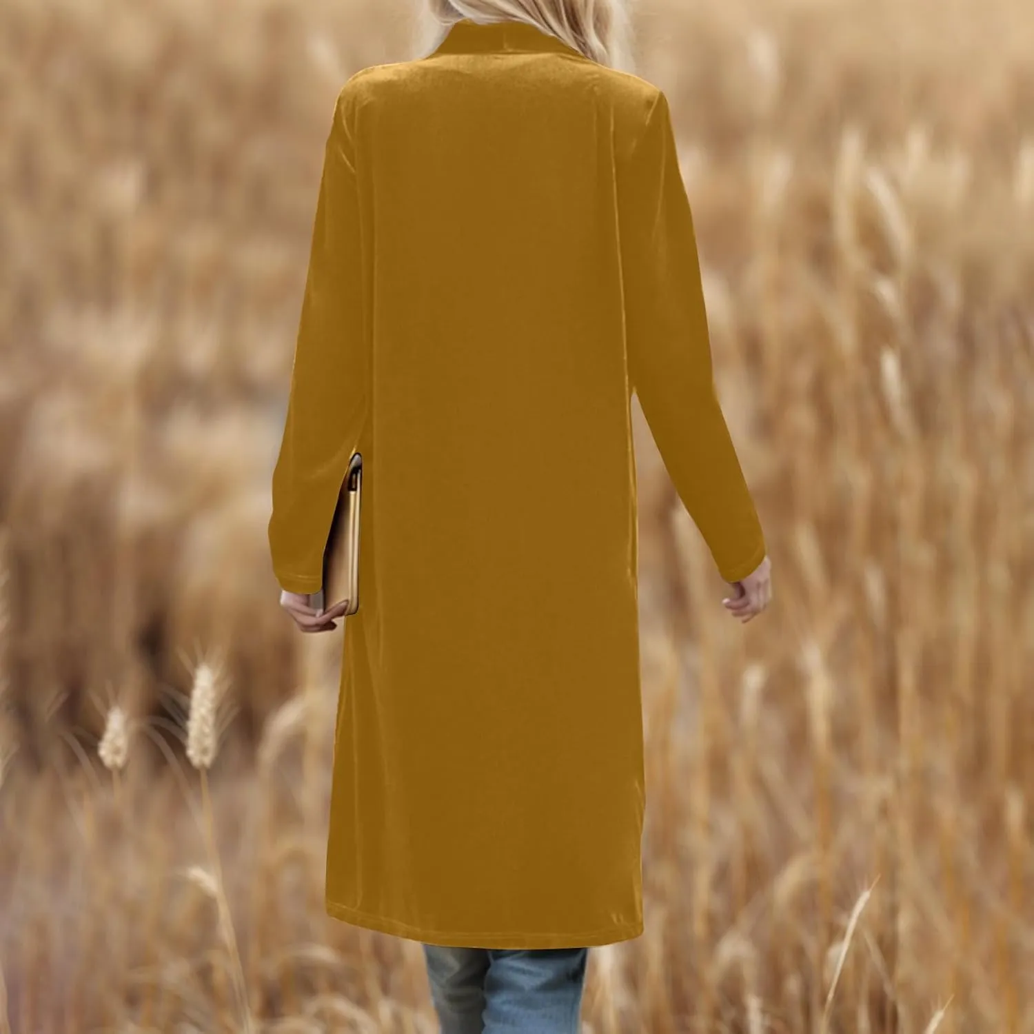 TANGNADE Velvet Cardigan Jackets for Women Long Lapel Collar Open Front Elegant Velour Blazer Cardigan Trench Coat