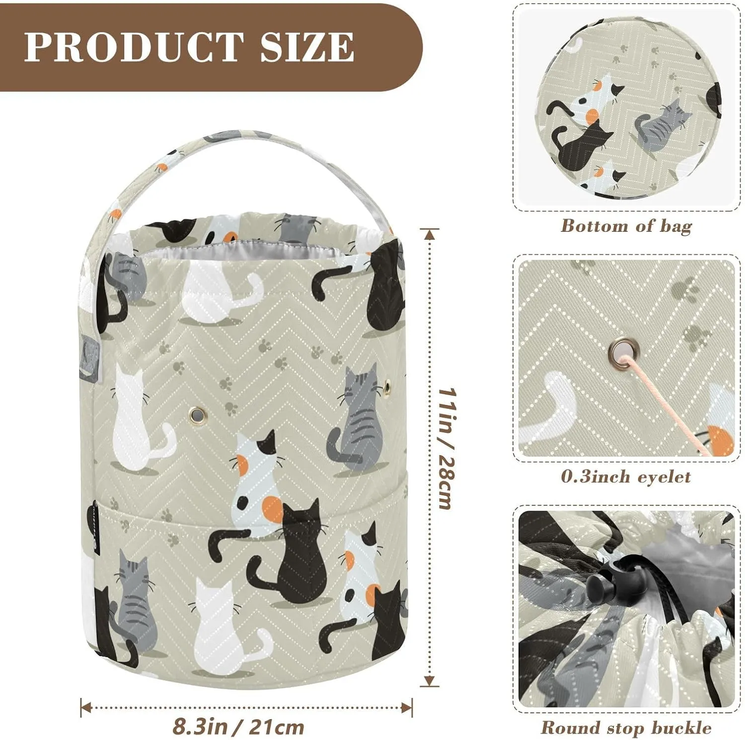 Tatenale Crochet Bag Yarn Bag Knitting Project Bag with Pockets and Handle Portable Yarn Storage Organizer Tangle Free 8.3x11 Inch Cat Back