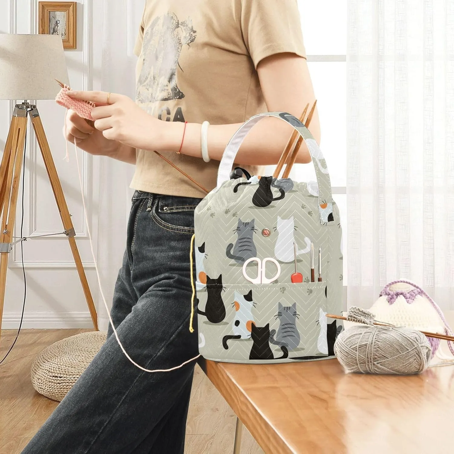 Tatenale Crochet Bag Yarn Bag Knitting Project Bag with Pockets and Handle Portable Yarn Storage Organizer Tangle Free 8.3x11 Inch Cat Back