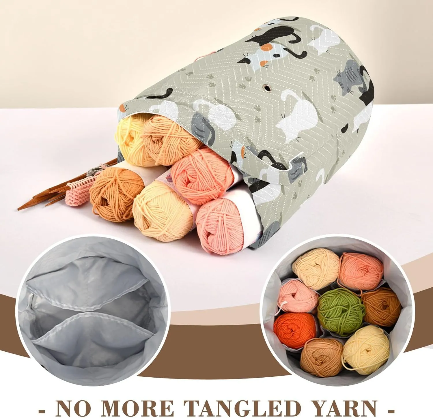 Tatenale Crochet Bag Yarn Bag Knitting Project Bag with Pockets and Handle Portable Yarn Storage Organizer Tangle Free 8.3x11 Inch Cat Back