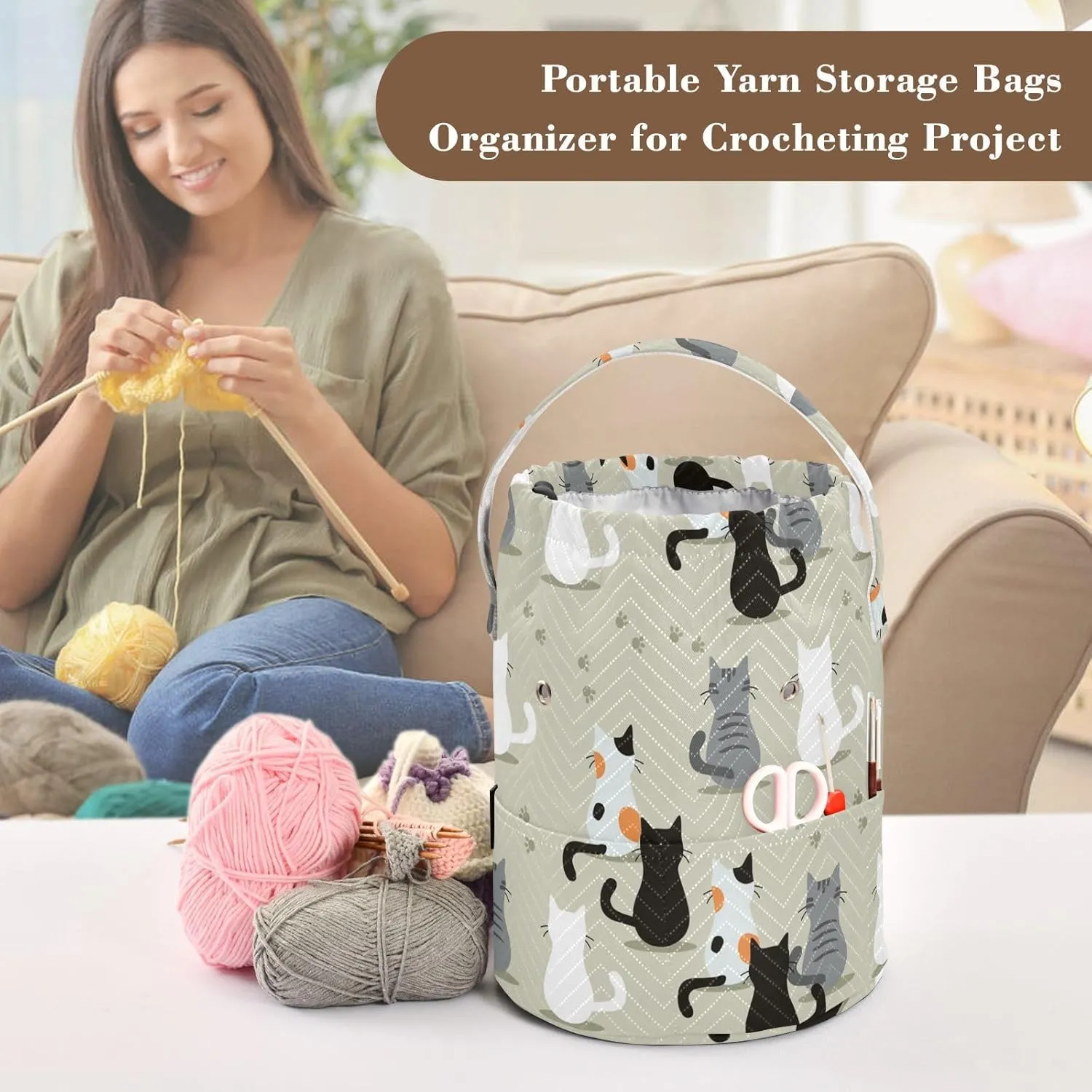 Tatenale Crochet Bag Yarn Bag Knitting Project Bag with Pockets and Handle Portable Yarn Storage Organizer Tangle Free 8.3x11 Inch Cat Back