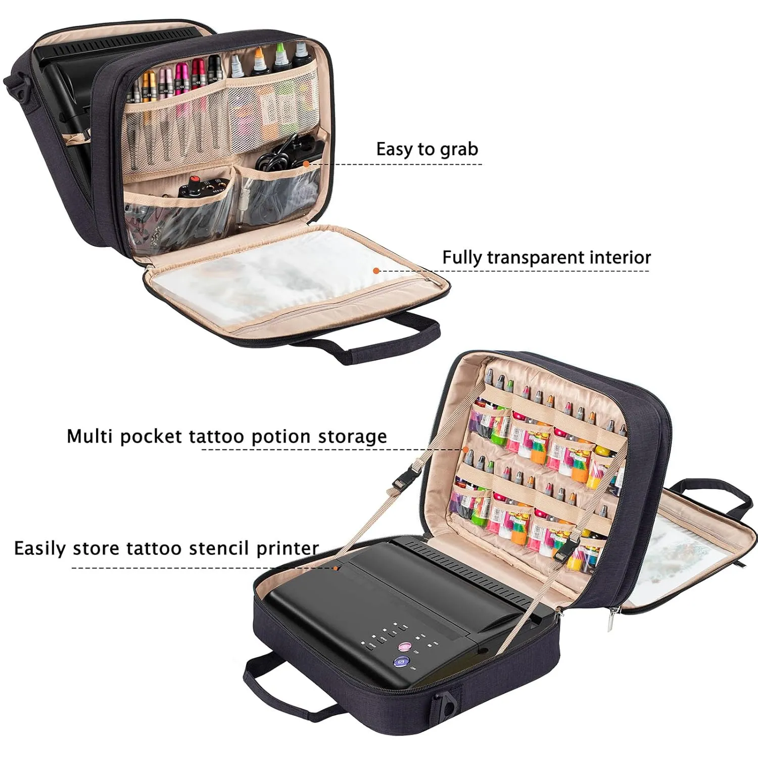Tattoo Carrying Case-Tattoo Supplies Organizer-Tattoo Kit Case -Tattoo Supplies Carrying Bag for Tattoo Stencil Printer, Tattoo Ink, Tattoo Equipment, Tatoo Pens Black