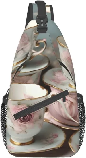 Tea Cups With Roses Romantic Unisex Casual Diagonal Chest Bag,Multipurpose Crossbody Shoulder Bag Travel Hiking Daypack