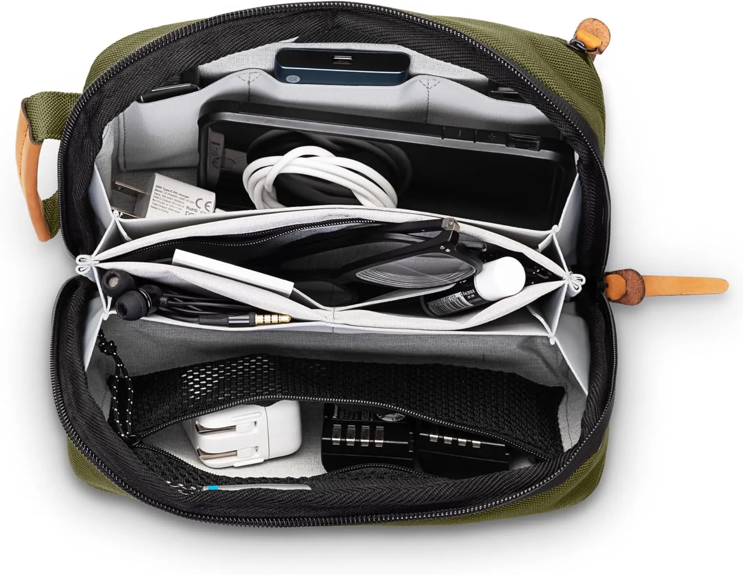 Tech Bag Organizer - Small Electronics Organizer Pouch for Travel - Premium Travel Case with Leather Accents - Mesh Pocket for Cables, Cords and Chargers (Green)