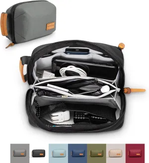 Tech Bag Organizer - Small Electronics Organizer Pouch for Travel - Premium Travel Case with Leather Accents - Mesh Pocket for Cables, Cords and Chargers (Grey)