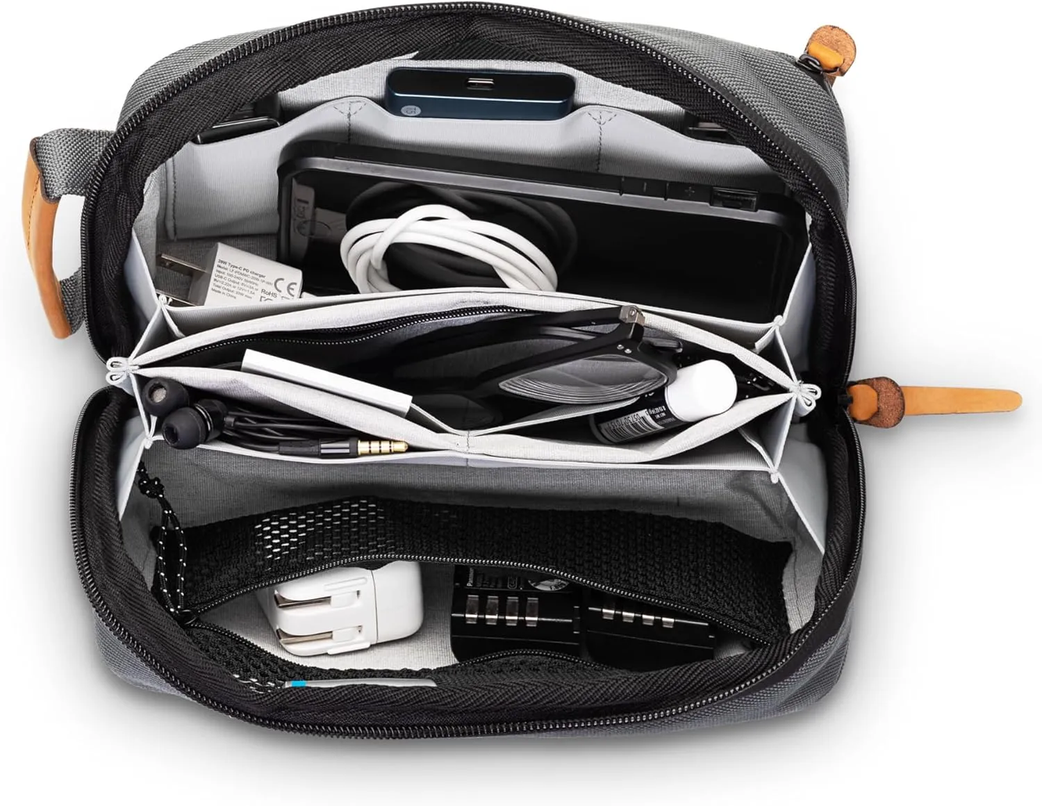 Tech Bag Organizer - Small Electronics Organizer Pouch for Travel - Premium Travel Case with Leather Accents - Mesh Pocket for Cables, Cords and Chargers (Grey)