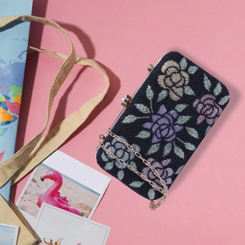 THE CLOWNFISH Norah Collection Womens Party Clutch Ladies Wallet with Chain Strap Evening Bag with Beads Work Floral Design (Jet Black)