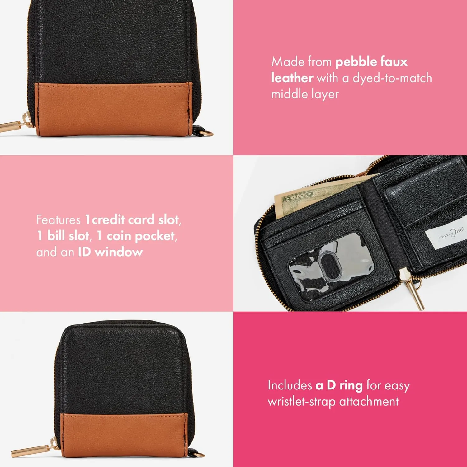 THIRTY-ONE Gifts Mini All About the Benjamins Wallet, Mini Card Wallet for Women, Small Zipper Wallet with Bill Slot, Black Smooth Pebble