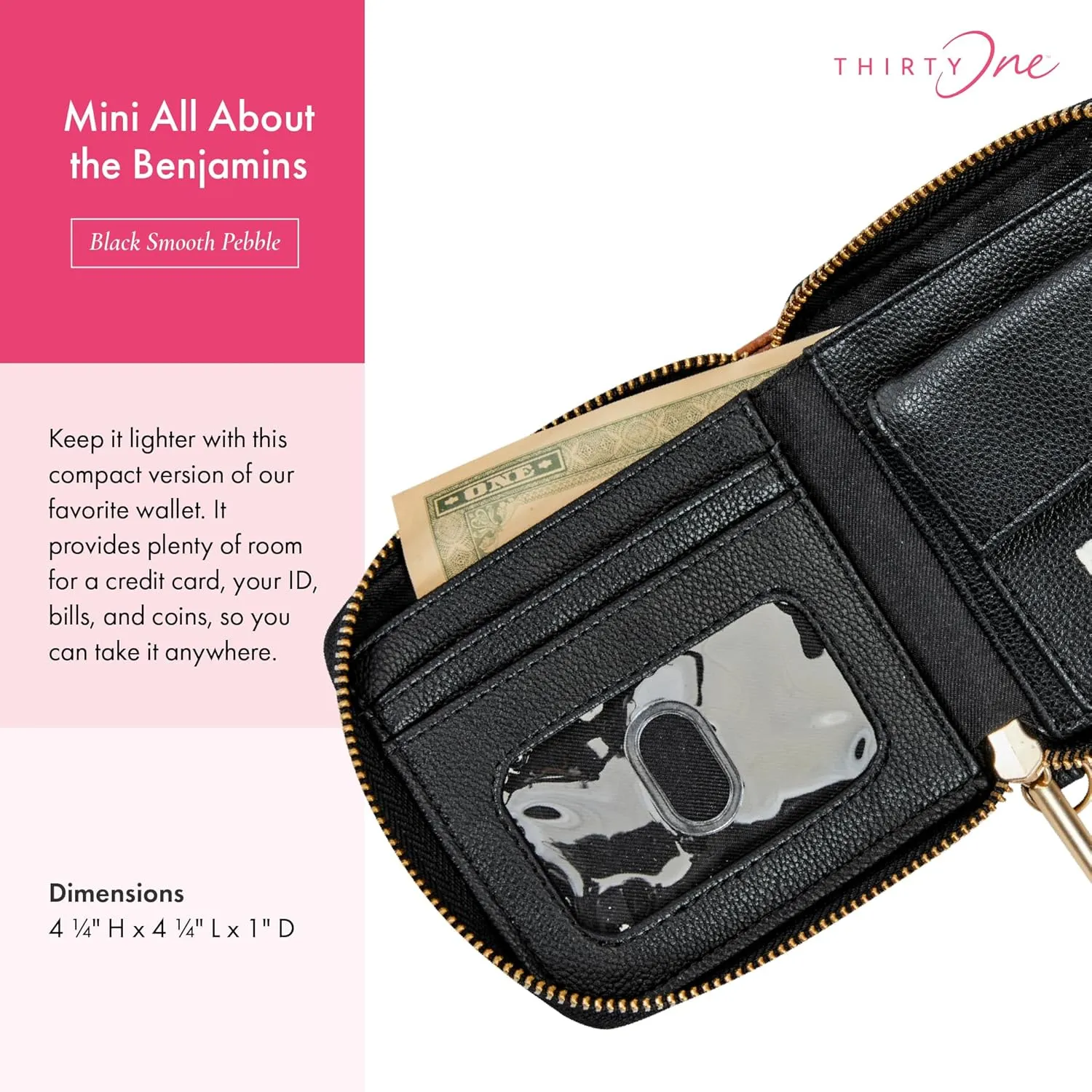 THIRTY-ONE Gifts Mini All About the Benjamins Wallet, Mini Card Wallet for Women, Small Zipper Wallet with Bill Slot, Black Smooth Pebble