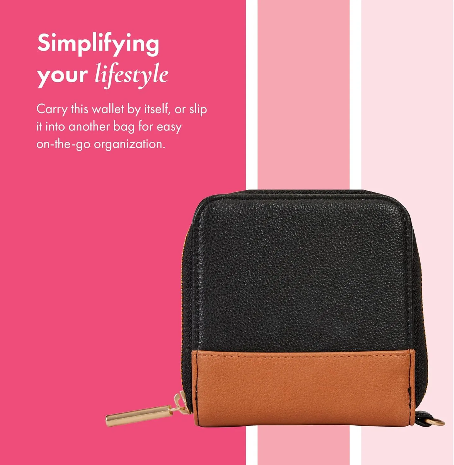 THIRTY-ONE Gifts Mini All About the Benjamins Wallet, Mini Card Wallet for Women, Small Zipper Wallet with Bill Slot, Black Smooth Pebble