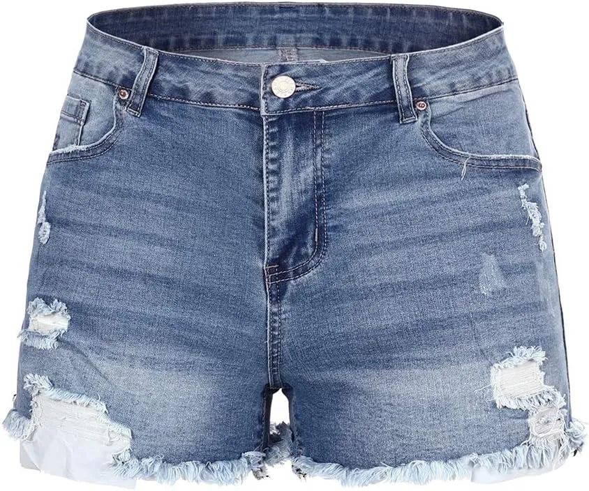 THUNDER STAR Women Mid Rise Ripped Stretchy Jeans Shorts Frayed Raw Hem Casual Denim Shorts