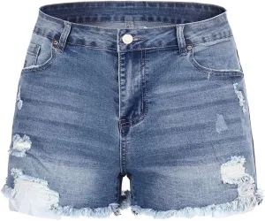 THUNDER STAR Women Mid Rise Ripped Stretchy Jeans Shorts Frayed Raw Hem Casual Denim Shorts